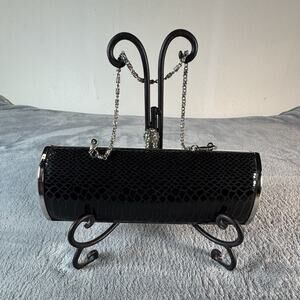 Expressions NYC Black Animal Print Clutch Rhinestone Clasp Silver Chain Strap